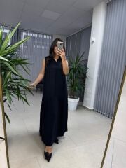 Cr 1634 Siyah Gömlek Yaka Viskon Elbise