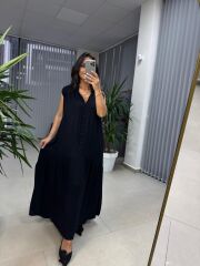 Cr 1634 Siyah Gömlek Yaka Viskon Elbise