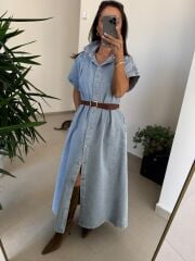 Spt 3596 Kısa Kol Kahve Kemerli Denim Elbise