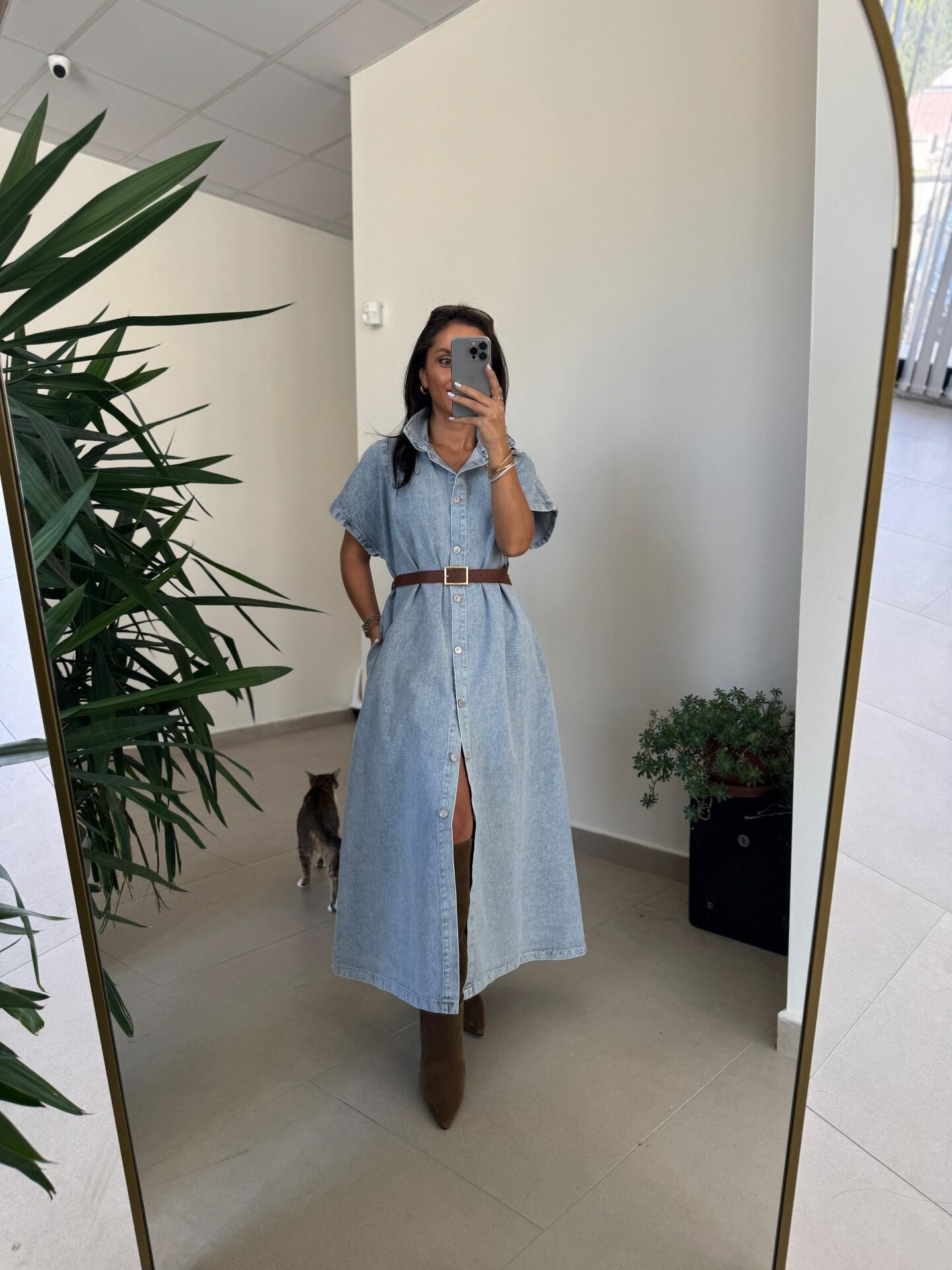 Spt 3596 Kısa Kol Kahve Kemerli Denim Elbise