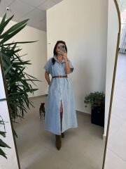 Spt 3596 Kısa Kol Kahve Kemerli Denim Elbise