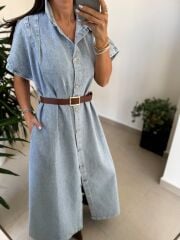 Spt 3596 Kısa Kol Kahve Kemerli Denim Elbise
