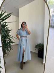 Spt 3596 Kısa Kol Kahve Kemerli Denim Elbise