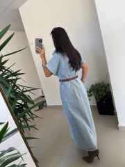 Spt 3596 Kısa Kol Kahve Kemerli Denim Elbise