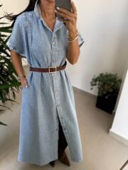 Spt 3596 Kısa Kol Kahve Kemerli Denim Elbise
