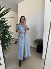 Spt 3596 Kısa Kol Kahve Kemerli Denim Elbise