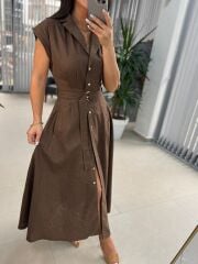 Fw 8139 Kahve Gold Düğmeli Keten Elbise