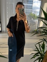 Dr 2703 Tasarım Fermuar Denim Detaylı Siyah Elbise