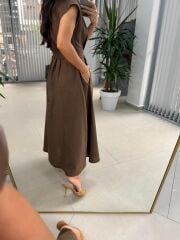 Fw 8139 Kahve Gold Düğmeli Keten Elbise