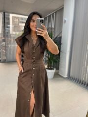 Fw 8139 Kahve Gold Düğmeli Keten Elbise