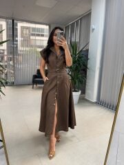 Fw 8139 Kahve Gold Düğmeli Keten Elbise