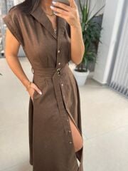Fw 8139 Kahve Gold Düğmeli Keten Elbise