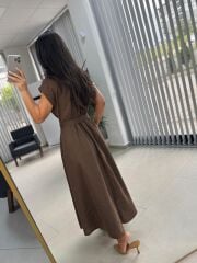 Fw 8139 Kahve Gold Düğmeli Keten Elbise