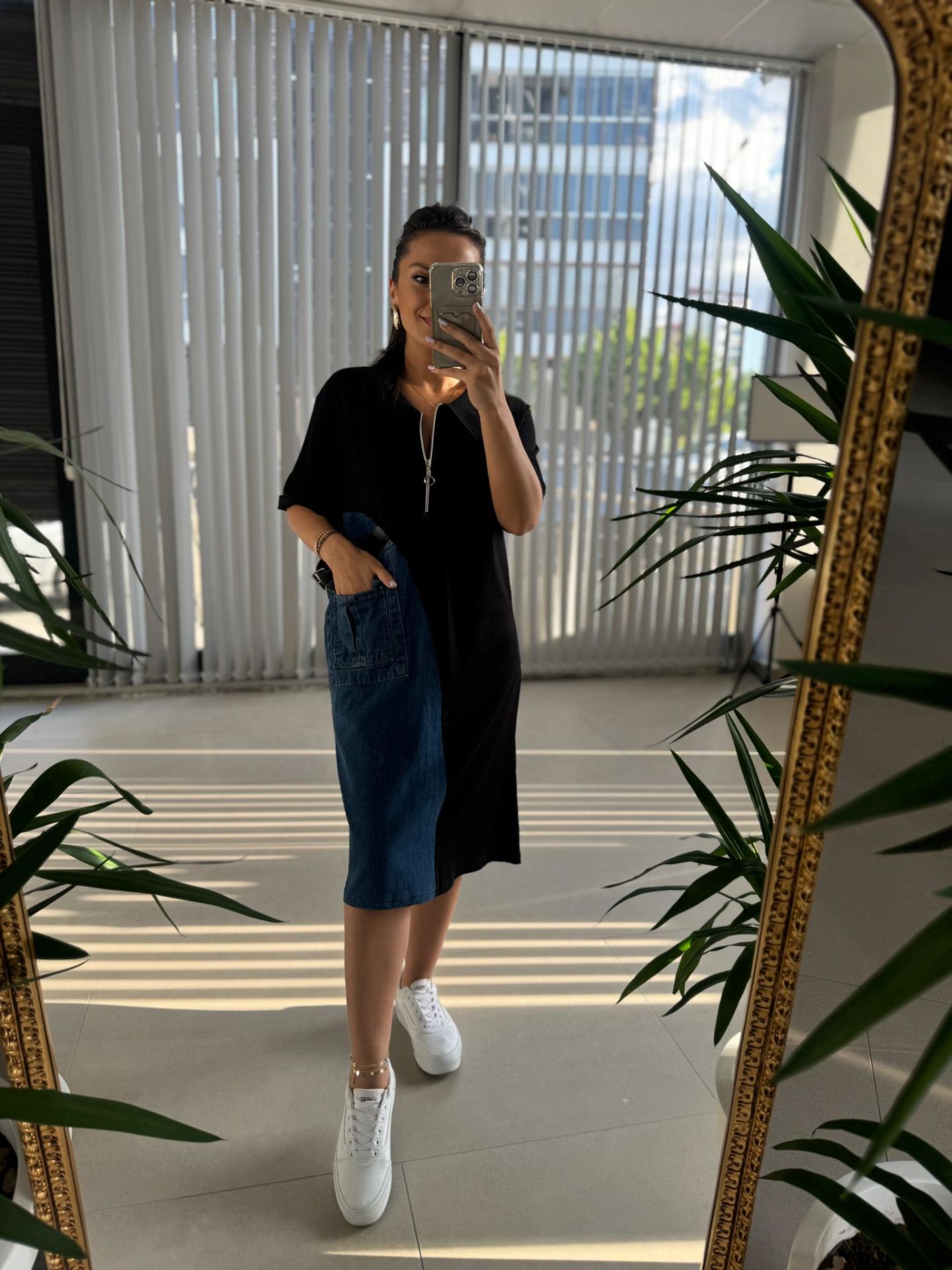 Dr 2703 Tasarım Fermuar Denim Detaylı Siyah Elbise