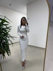 Np 1012 Beyaz Degaje Yaka Kalem Elbise