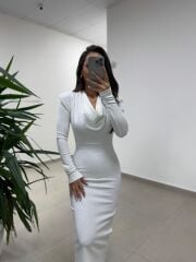 Np 1012 Beyaz Degaje Yaka Kalem Elbise