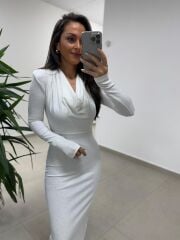 Np 1012 Beyaz Degaje Yaka Kalem Elbise