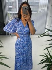 My 3109 Gold Buttoned Blue Viscose Dress