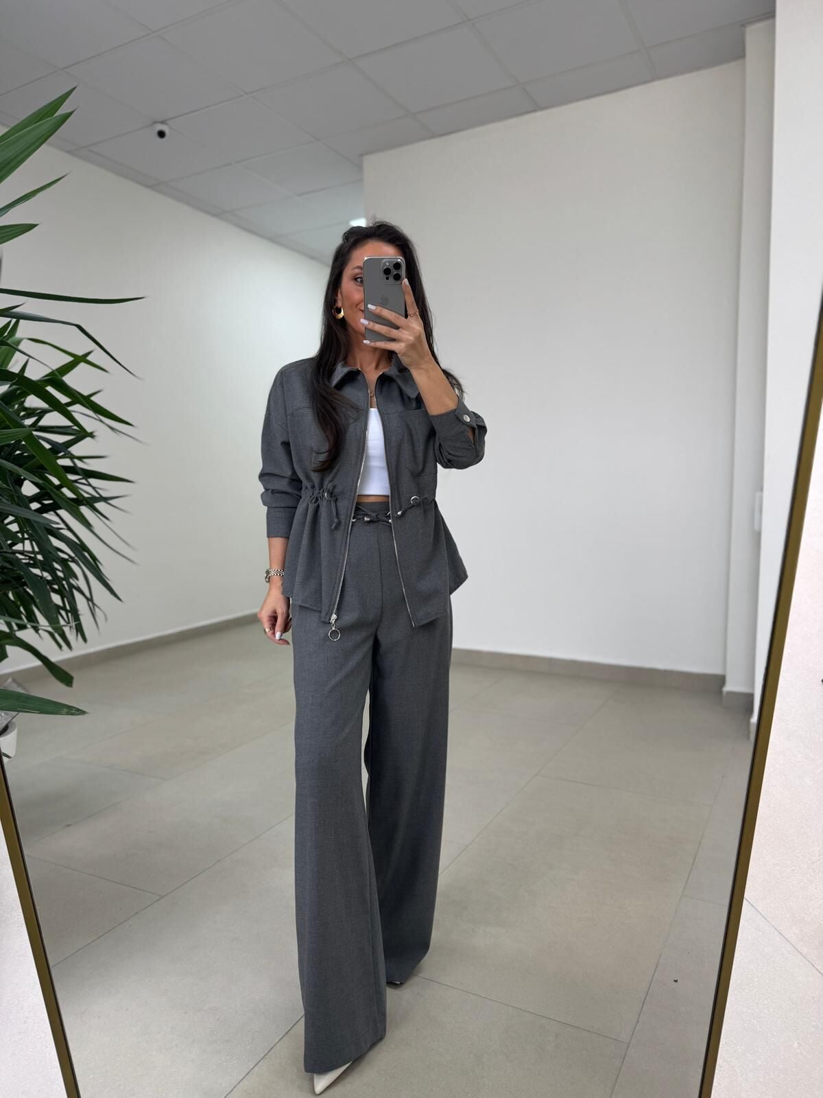 Art 4005 Poliviskon Fermuarlı Yan Büzgülü Gri Takım