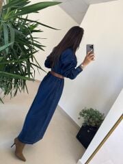 Spt 3653 Uzun Kol Kahve Kemerli Denim Elbise