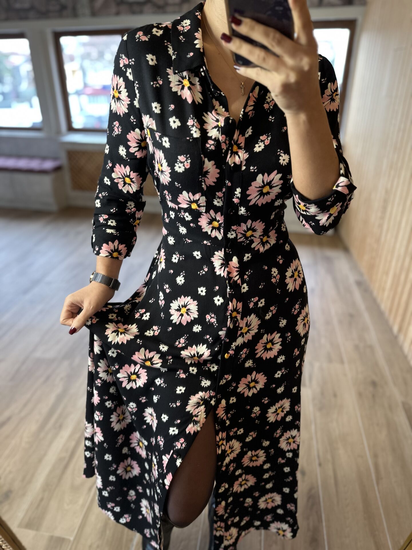 Orj marka pembe çiçekli gömlek elbise