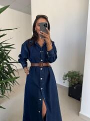 Spt 3653 Uzun Kol Kahve Kemerli Denim Elbise