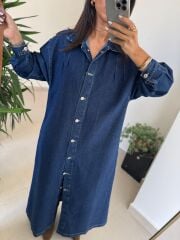 Spt 3653 Uzun Kol Kahve Kemerli Denim Elbise