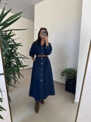 Spt 3653 Uzun Kol Kahve Kemerli Denim Elbise