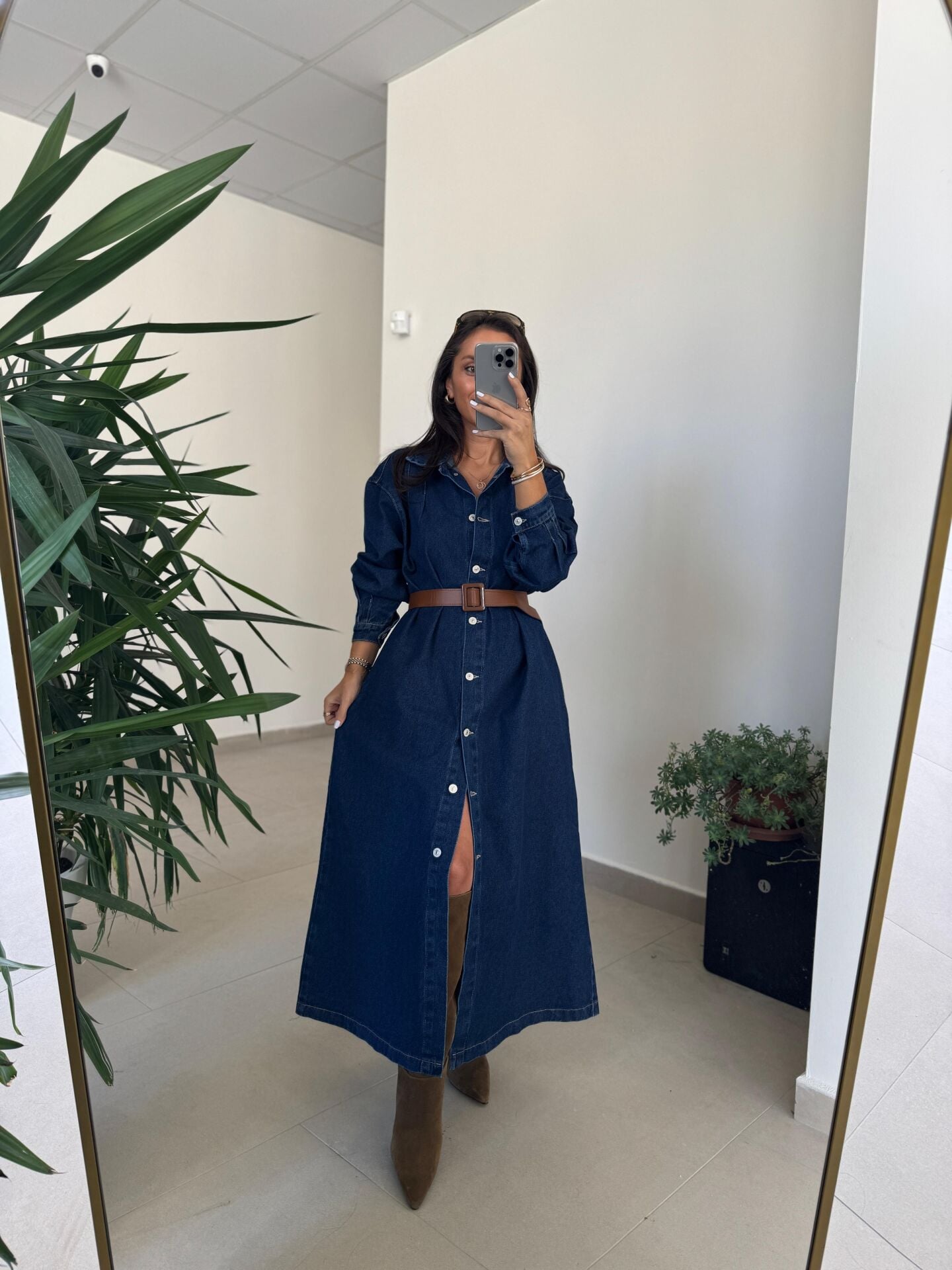 Spt 3653 Uzun Kol Kahve Kemerli Denim Elbise