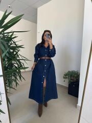 Spt 3653 Uzun Kol Kahve Kemerli Denim Elbise
