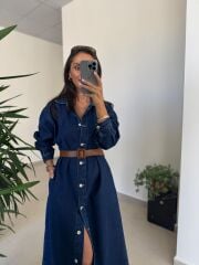 Spt 3653 Uzun Kol Kahve Kemerli Denim Elbise