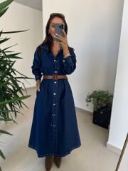 Spt 3653 Uzun Kol Kahve Kemerli Denim Elbise