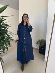 Spt 3653 Uzun Kol Kahve Kemerli Denim Elbise