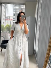 Np 6009 İndigo Çizgili Keten Elbise