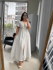 Np 6009 İndigo Çizgili Keten Elbise