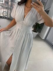 Np 6009 İndigo Çizgili Keten Elbise