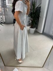 Np 6009 İndigo Çizgili Keten Elbise