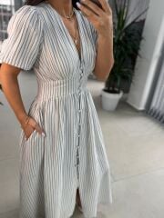 Np 6009 İndigo Çizgili Keten Elbise