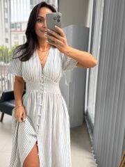 Np 6009 İndigo Çizgili Keten Elbise