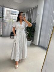 Np 6009 İndigo Çizgili Keten Elbise