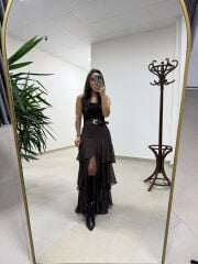 Rn 37219 Kat Kat Şifon Kemerli Kahve Etek