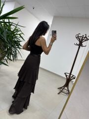 Rn 37219 Kat Kat Şifon Kemerli Kahve Etek