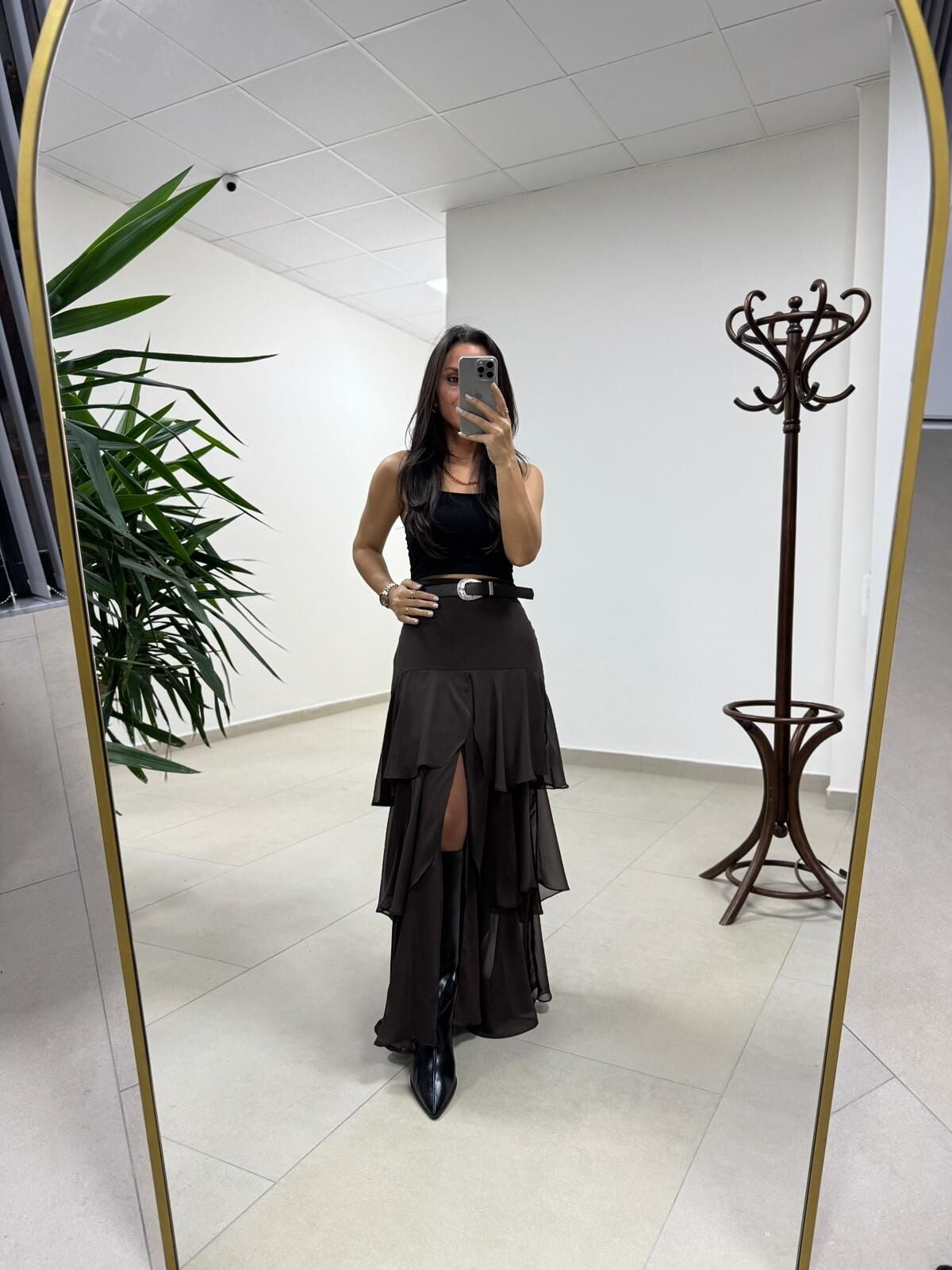 Rn 37219 Kat Kat Şifon Kemerli Kahve Etek