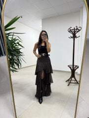 Ry 37219 Kat Kat Şifon Kemerli Kahve Etek