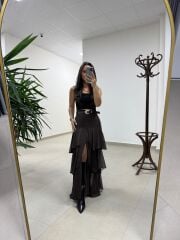 Ry 37219 Kat Kat Şifon Kemerli Kahve Etek