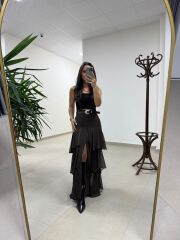 Rn 37219 Kat Kat Şifon Kemerli Kahve Etek