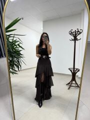 Ry 37219 Kat Kat Şifon Kemerli Kahve Etek