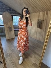 Mein 3047 Orange Seersucker-Kleid mit quadratischem Ausschnitt
