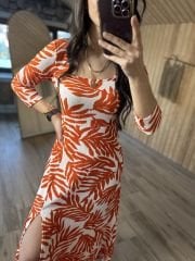 Mein 3047 Orange Seersucker-Kleid mit quadratischem Ausschnitt