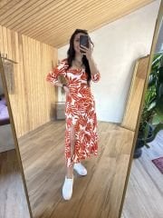 Mein 3047 Orange Seersucker-Kleid mit quadratischem Ausschnitt
